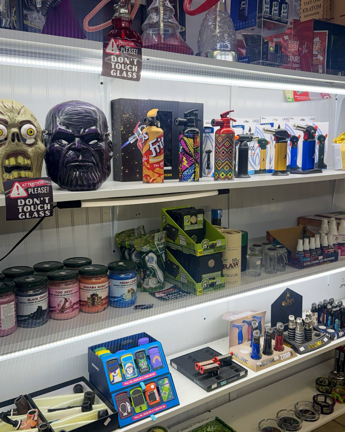 Torches, grinders and smoking accessories displayed at Smokers Island